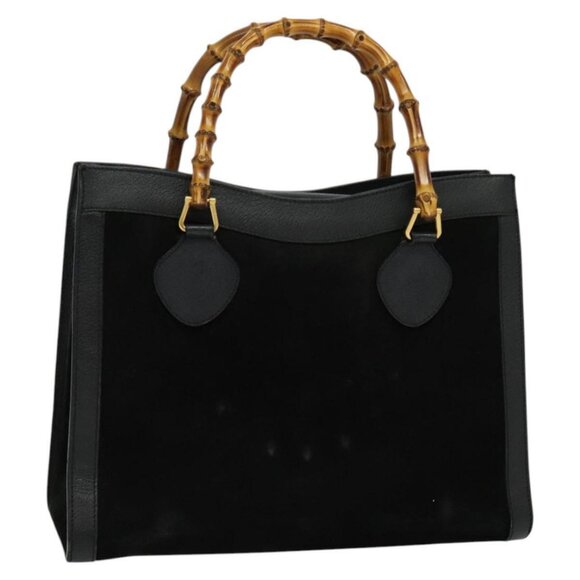 GUCCI Bamboo Hand Bag Suede Black Gold 002 - Picture 1 of 15